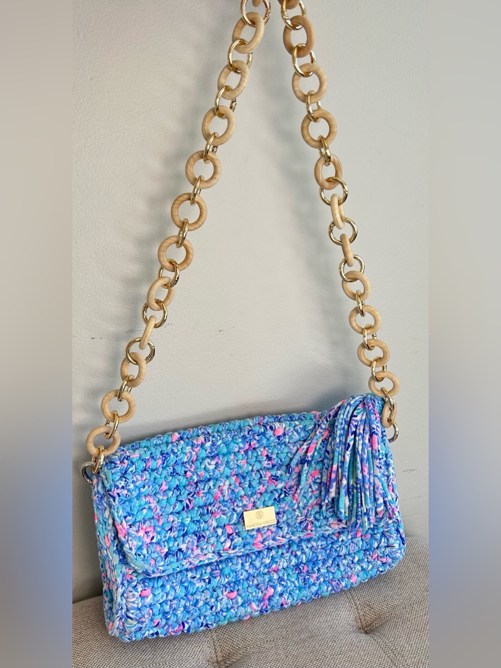 Handmade Crochet Crossbody Knitted Shoulder Purse Cotton Candy Blue Pink Tassel